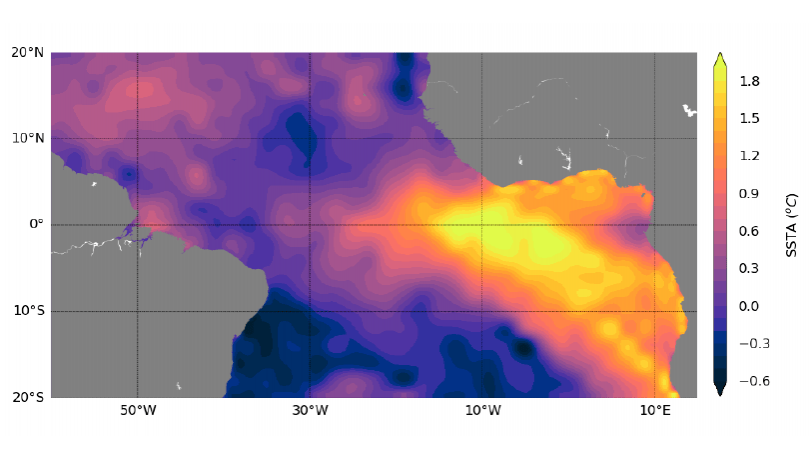 Anomalías en la temperatura superficial del mar durante el Atlantic Niño de 1963