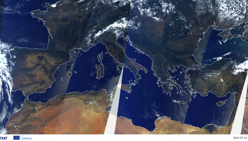 Image of the Mediterranean obtained from Sentinel 3A and 3B satellite observations on July 14, 2022. ©EUMETSAT [2023]