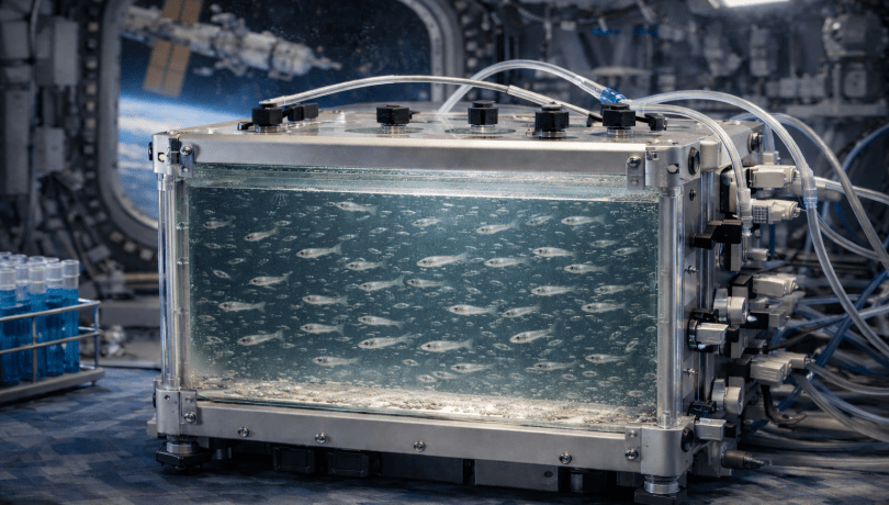 SpaceGenFish recull l’experiència acumulada en estudis previs de biologia en entorns de gravetats alterades / Imatge generada amb intel·ligència artificial (OpenIA).