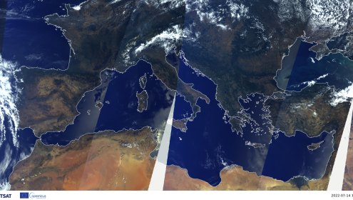 Image of the Mediterranean obtained from Sentinel 3A and 3B satellite observations on July 14, 2022. ©EUMETSAT [2023]