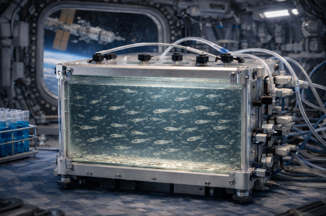 SpaceGenFish recull l’experiència acumulada en estudis previs de biologia en entorns de gravetats alterades / Imatge generada amb intel·ligència artificial (OpenIA).